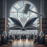 Illustration of a judge’s gavel above an open book and seated figures, r — Escambia County School Board Book Ban Lawsuit