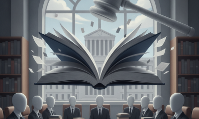 Illustration of a judge’s gavel above an open book and seated figures, r — Escambia County School Board Book Ban Lawsuit