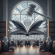 Illustration of a judge’s gavel above an open book and seated figures, r — Escambia County School Board Book Ban Lawsuit
