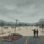 Dos personas observan un coche sumergido en agua de inundación, con casas y árbo — inundacion rio perdido barrineau park