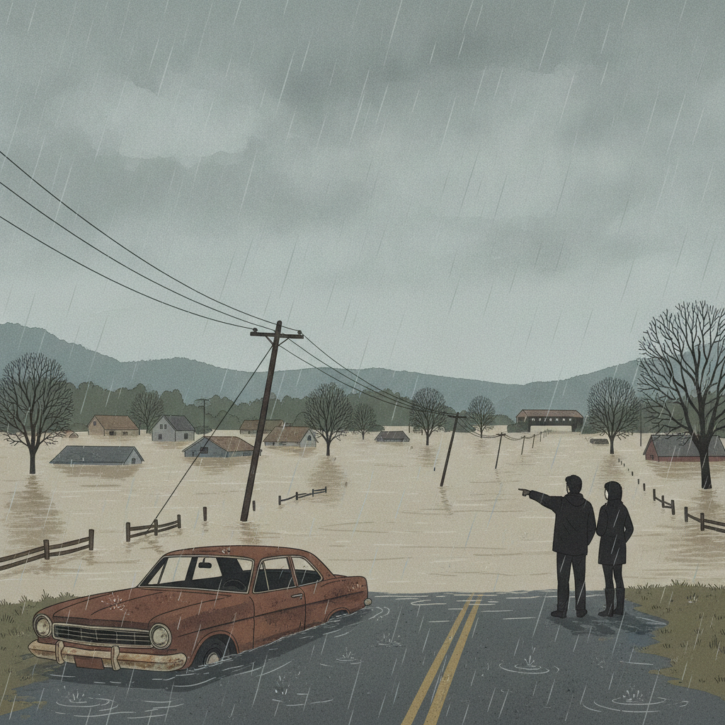 Dos personas observan un coche sumergido en agua de inundación, con casas y árbo — inundacion rio perdido barrineau park