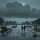 Flooded street in Escambia, FL, with submerged cars and people walking through the water u — inundacion repentina escambia