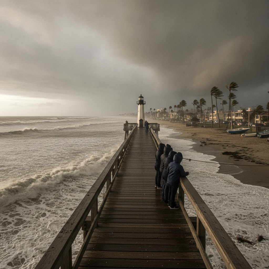 People observing rough seas and dark clouds from a pier during a tropical storm warn — aviso de tormenta tropical escambia