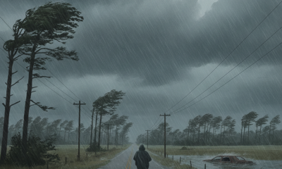 A person walks along a flooded road under dark storm clouds, illustrating the impact — aviso de tormenta tropical escambia