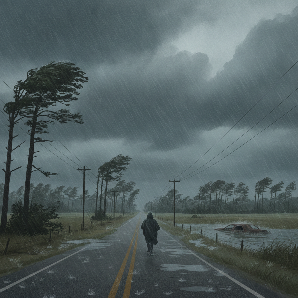 A person walks along a flooded road under dark storm clouds, illustrating the impact — aviso de tormenta tropical escambia