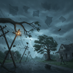 Stormy scene depicting strong winds with fallen trees and power lines, illustrating — aviso de viento noroeste de florida