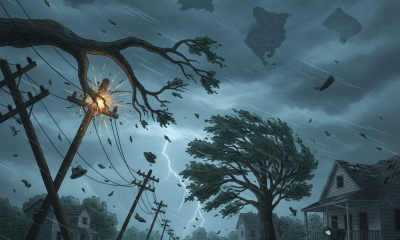 Stormy scene depicting strong winds with fallen trees and power lines, illustrating — aviso de viento noroeste de florida