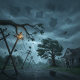 Stormy scene depicting strong winds with fallen trees and power lines, illustrating — aviso de viento noroeste de florida