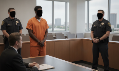Bobby Womack in an orange jumpsuit stands in a courtroom with two officers and a lawyer at — bobby womack defuniak springs
