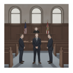 Illustration of three suited men in a courtroom, with U.S. and Florida flags behind the judge; Brandon Garrett Ursrey case.