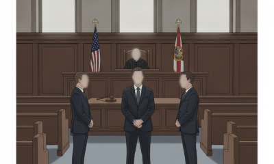 Illustration of three suited men in a courtroom, with U.S. and Florida flags behind the judge; Brandon Garrett Ursrey case.