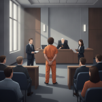 Illustration of a man in an orange jumpsuit facing a judge in court, with attorneys and — Panama City felon gun conviction