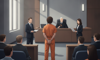 Illustration of a man in an orange jumpsuit facing a judge in court, with attorneys and — Panama City felon gun conviction
