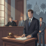 A courtroom scene with a judge, a defendant in a suit, and two other figures, set ag — Chandler Brittain Smith Tallahassee