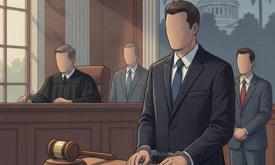 A courtroom scene with a judge, a defendant in a suit, and two other figures, set ag — Chandler Brittain Smith Tallahassee
