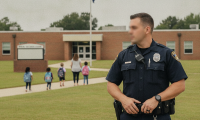 Un oficial de policía de Milton de pie frente al T.R. Jackson Pre-K Center mientras los estudiantes llegan al campus.