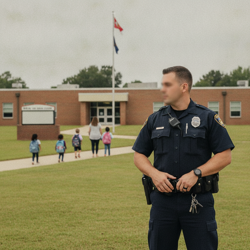 Un oficial de policía de Milton de pie frente al T.R. Jackson Pre-K Center mientras los estudiantes llegan al campus.