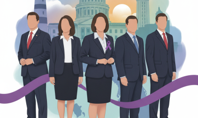 Five professionals in business attire stand together, symbolizing support for domestic vio — violencia domestica Pensacola