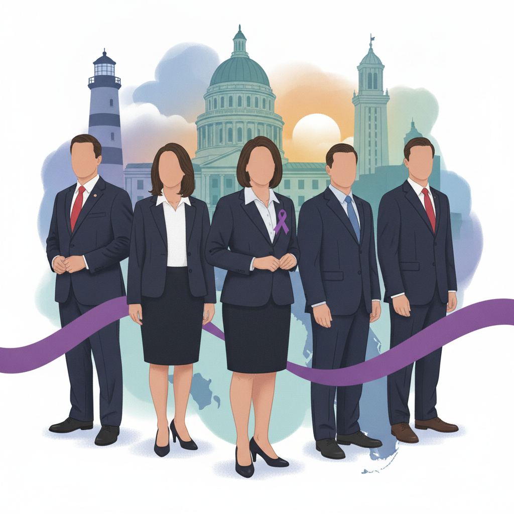 Five professionals in business attire stand together, symbolizing support for domestic vio — violencia domestica Pensacola