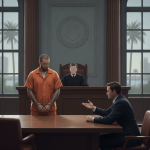 A courtroom scene showing a man in an orange jumpsuit standing before a judge, with a lawy — Daniel Bookout Milton Florida
