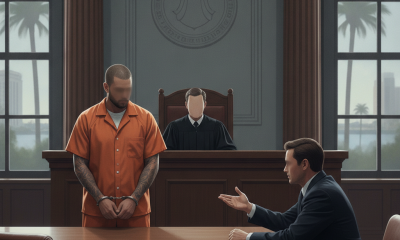 A courtroom scene showing a man in an orange jumpsuit standing before a judge, with a lawy — Daniel Bookout Milton Florida