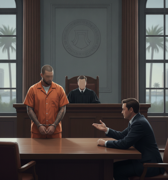 A courtroom scene showing a man in an orange jumpsuit standing before a judge, with a lawy — Daniel Bookout Milton Florida