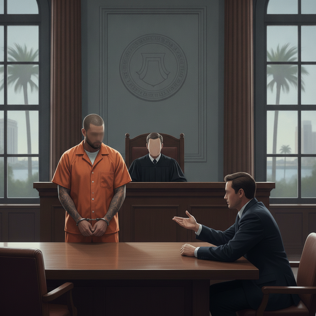 A courtroom scene showing a man in an orange jumpsuit standing before a judge, with a lawy — Daniel Bookout Milton Florida