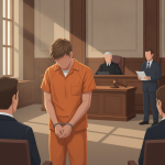 A young man in an orange jumpsuit stands handcuffed in a courtroom, facing the judge and lawyers. — Daniel Bookout Milton
