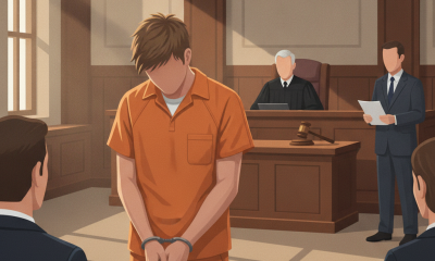 A young man in an orange jumpsuit stands handcuffed in a courtroom, facing the judge and lawyers. — Daniel Bookout Milton