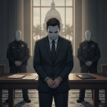 Illustration of a suited man standing with hands clasped between two uniformed offic — David Carlton Lee Panama City Beach