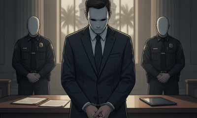Illustration of a suited man standing with hands clasped between two uniformed offic — David Carlton Lee Panama City Beach