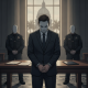 Illustration of a suited man standing with hands clasped between two uniformed offic — David Carlton Lee Panama City Beach