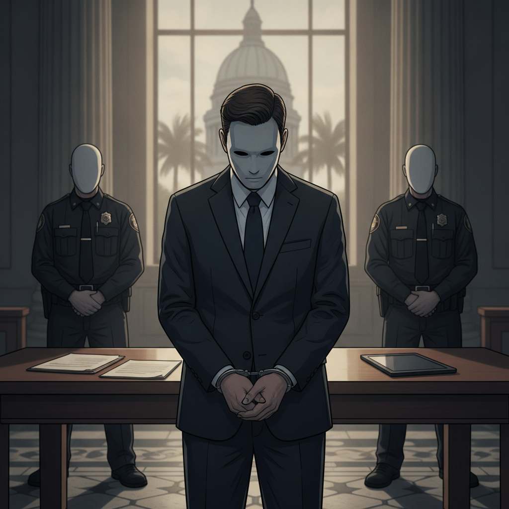 Illustration of a suited man standing with hands clasped between two uniformed offic — David Carlton Lee Panama City Beach