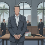 A man in a suit stands in a courtroom with bags of drugs and a firearm on the tabl — David Christopher Jensen Steinhatchee