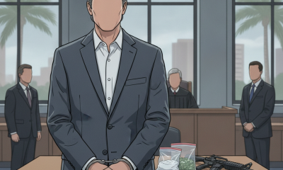 A man in a suit stands in a courtroom with bags of drugs and a firearm on the tabl — David Christopher Jensen Steinhatchee