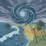 Illustration of Hurricane Isaias approaching the Florida coast, with swirling clouds, wave — Hurricane Isaias Pensacola FL