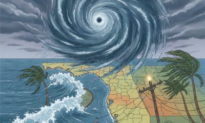 Illustration of Hurricane Isaias approaching the Florida coast, with swirling clouds, wave — Hurricane Isaias Pensacola FL