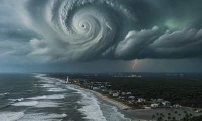 Dramatic aerial view of a swirling hurricane over a coastal area, with dark clouds and lightnin — huracan isaias pensacola