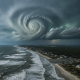 Dramatic aerial view of a swirling hurricane over a coastal area, with dark clouds and lightnin — huracan isaias pensacola