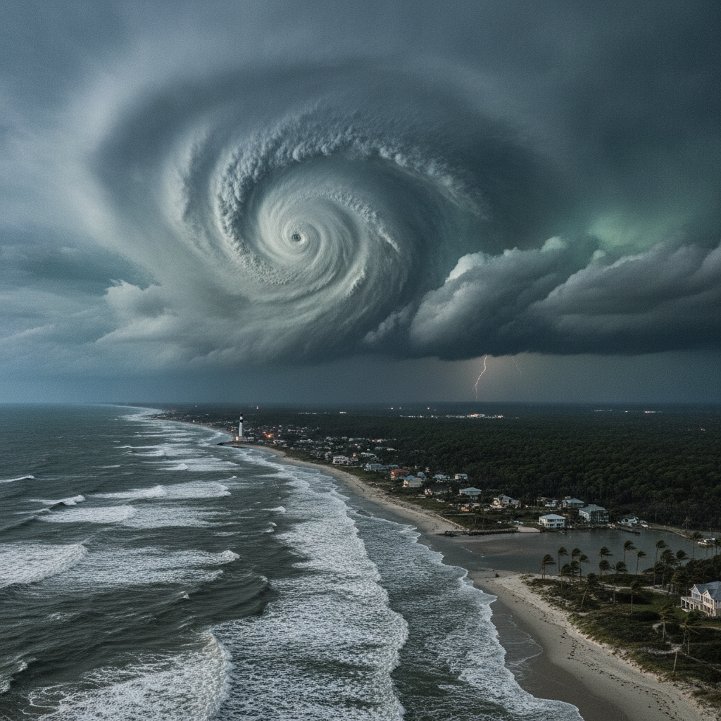 Dramatic aerial view of a swirling hurricane over a coastal area, with dark clouds and lightnin — huracan isaias pensacola