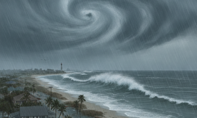 A stormy coastal scene depicting Hurricane Isaias with dark swirling clouds, heavy rain, and — Hurricane Isaias Pensacola