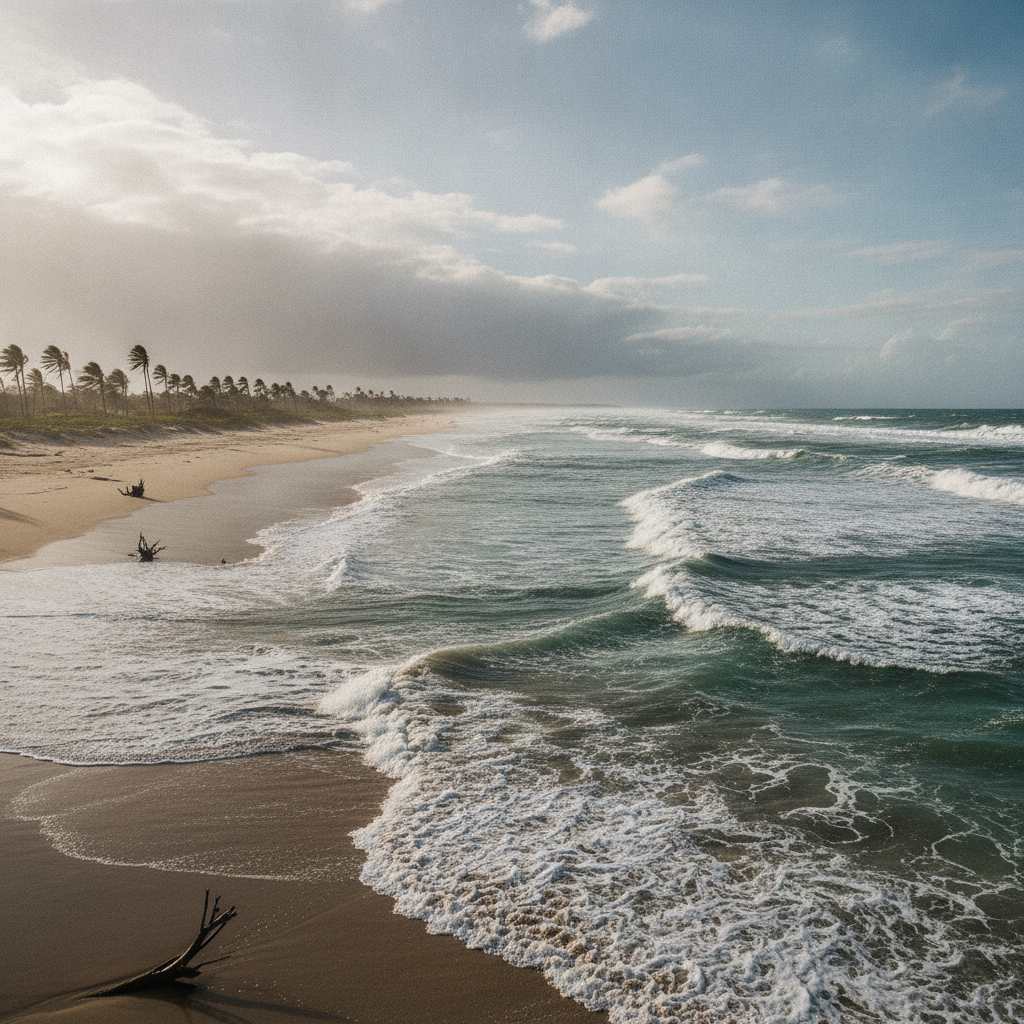 Waves crashing on a beach under cloudy skies, with palm trees in the background, reflecti — Tropical Cyclone Isaias update