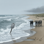 Grupo de personas en la playa señalando hacia el mar, donde una señal está parcialmente — corrientes de resaca Escambia
