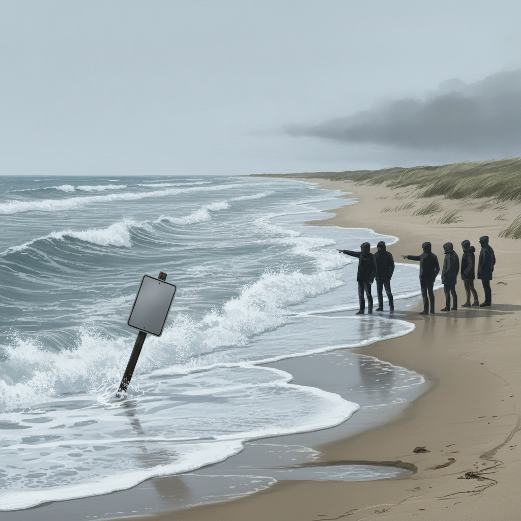 Grupo de personas en la playa señalando hacia el mar, donde una señal está parcialmente — corrientes de resaca Escambia