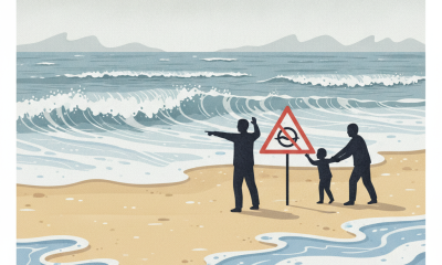 Family at the beach near a warning sign about dangerous rip currents, with waves crashing i — Pensacola Beach rip currents