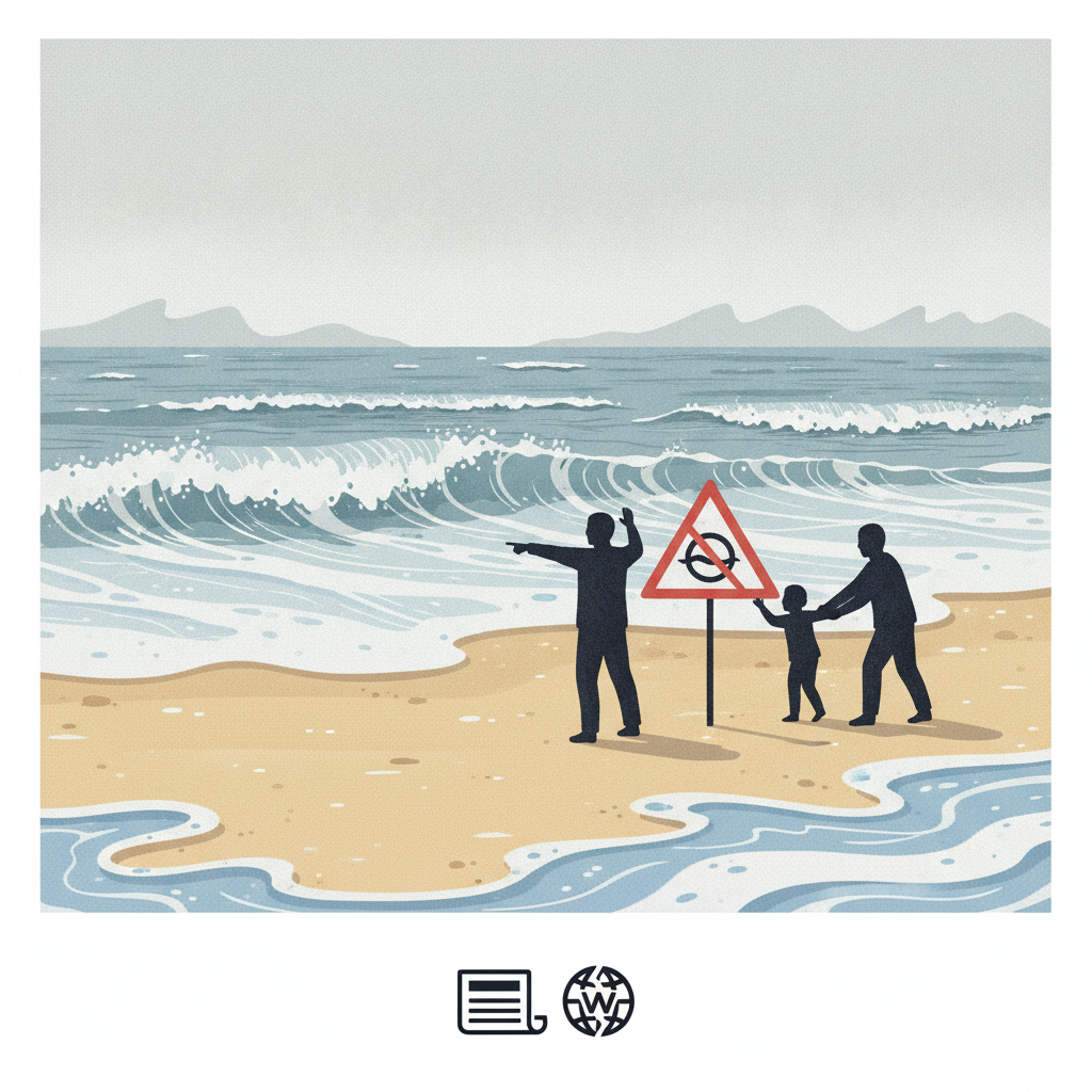 Family at the beach near a warning sign about dangerous rip currents, with waves crashing i — Pensacola Beach rip currents