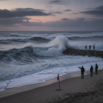 Waves crashing against a jetty at sunset, with people observing from the shore, warning fla — corrientes de resaca Florida