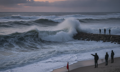 Waves crashing against a jetty at sunset, with people observing from the shore, warning fla — corrientes de resaca Florida