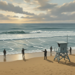 Lifeguards on a beach pointing towards the ocean with waves, warning about rip cur — rip current statement escambia county
