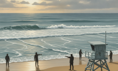 Lifeguards on a beach pointing towards the ocean with waves, warning about rip cur — rip current statement escambia county